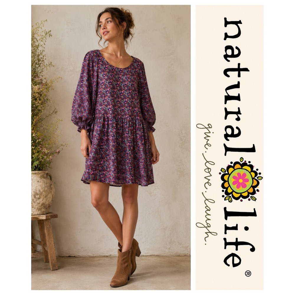 Natural Life Blair Floral Drop Waist Prairie Cottagecore Boho Mini Dress Sz L/XL